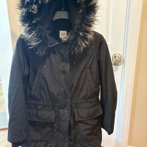 GAP Women's Black Winter Jacket with Faux Fur Trim